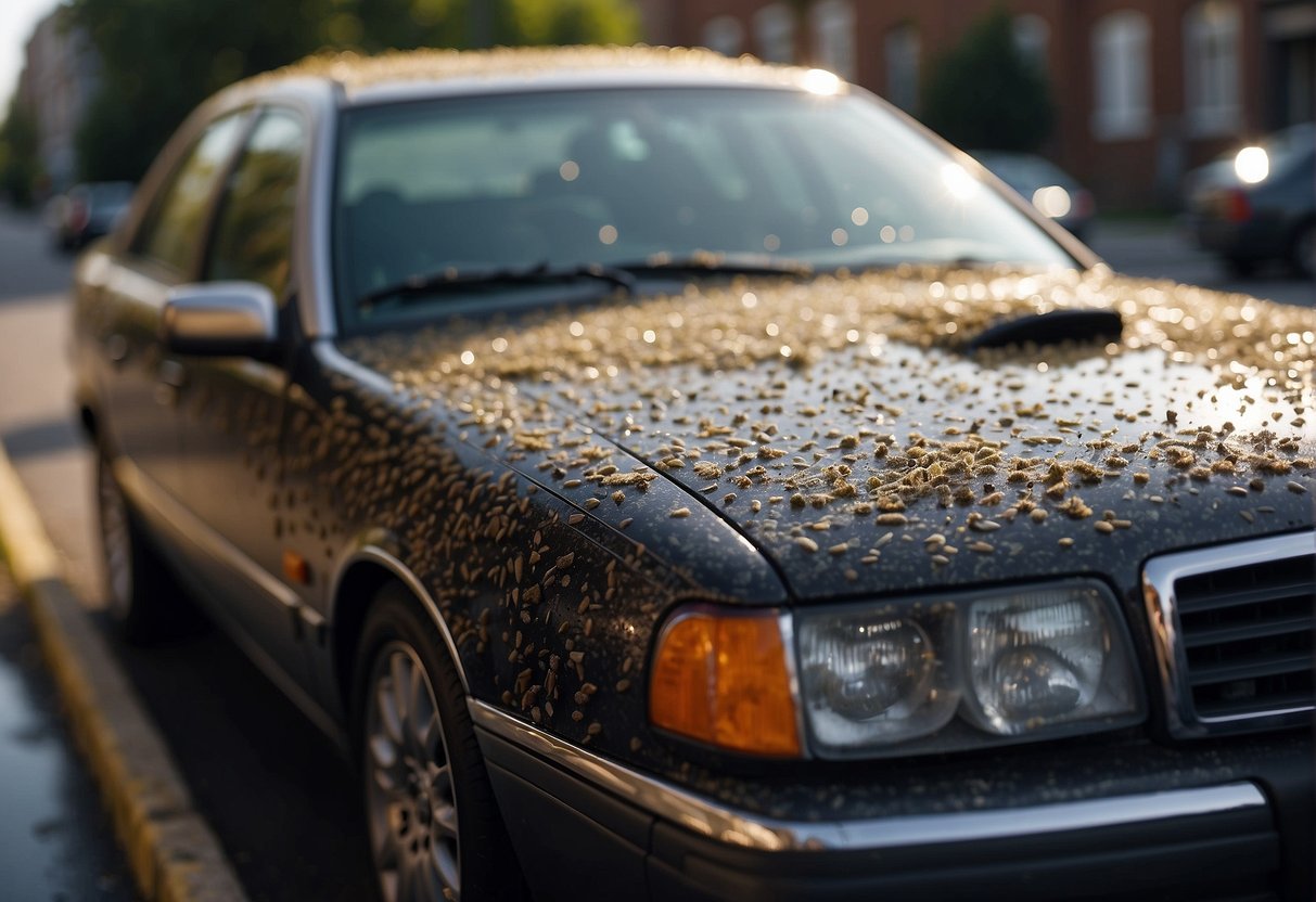 A car covered in bird poop being cleaned with a soapy sponge and water from a hose