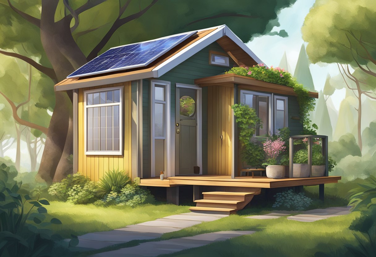 You see a cozy tiny house with solar panels on the roof, surrounded by lush greenery
