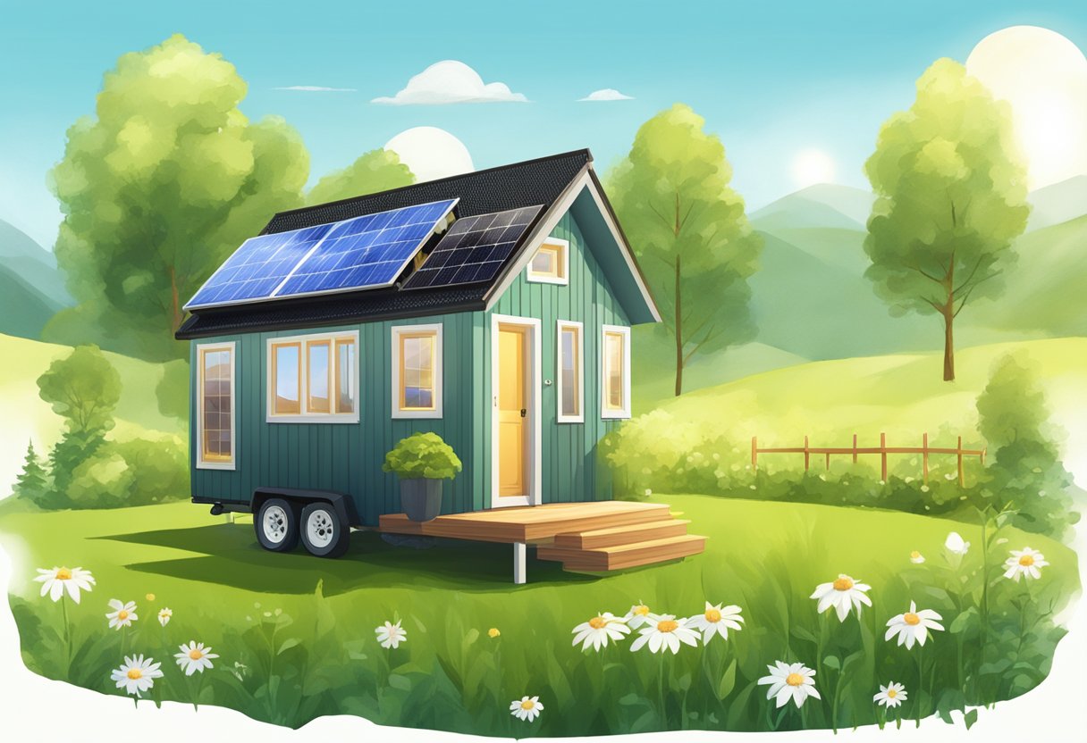 The tiny house sits in a lush green meadow, adorned with solar panels on its roof. Sunlight beams down