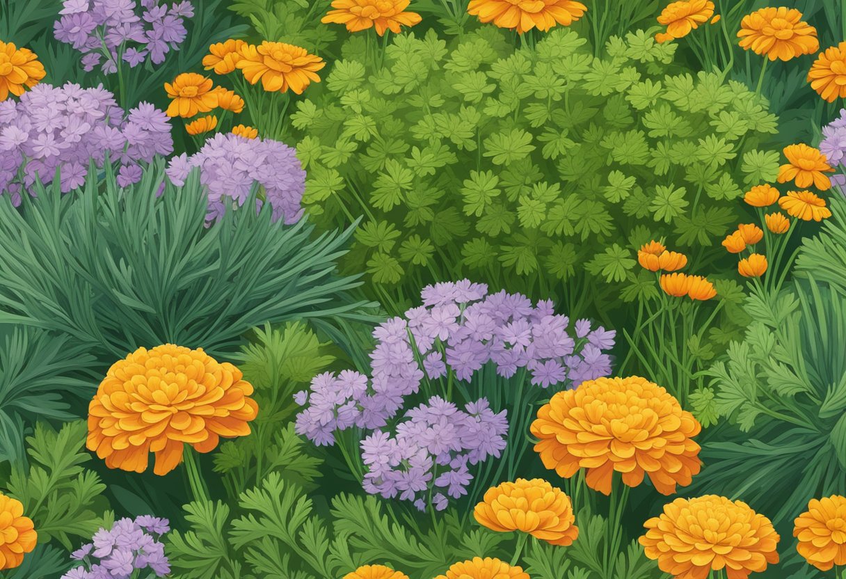 Parsley surrounded by blooming marigolds, chives, and dill in a garden bed