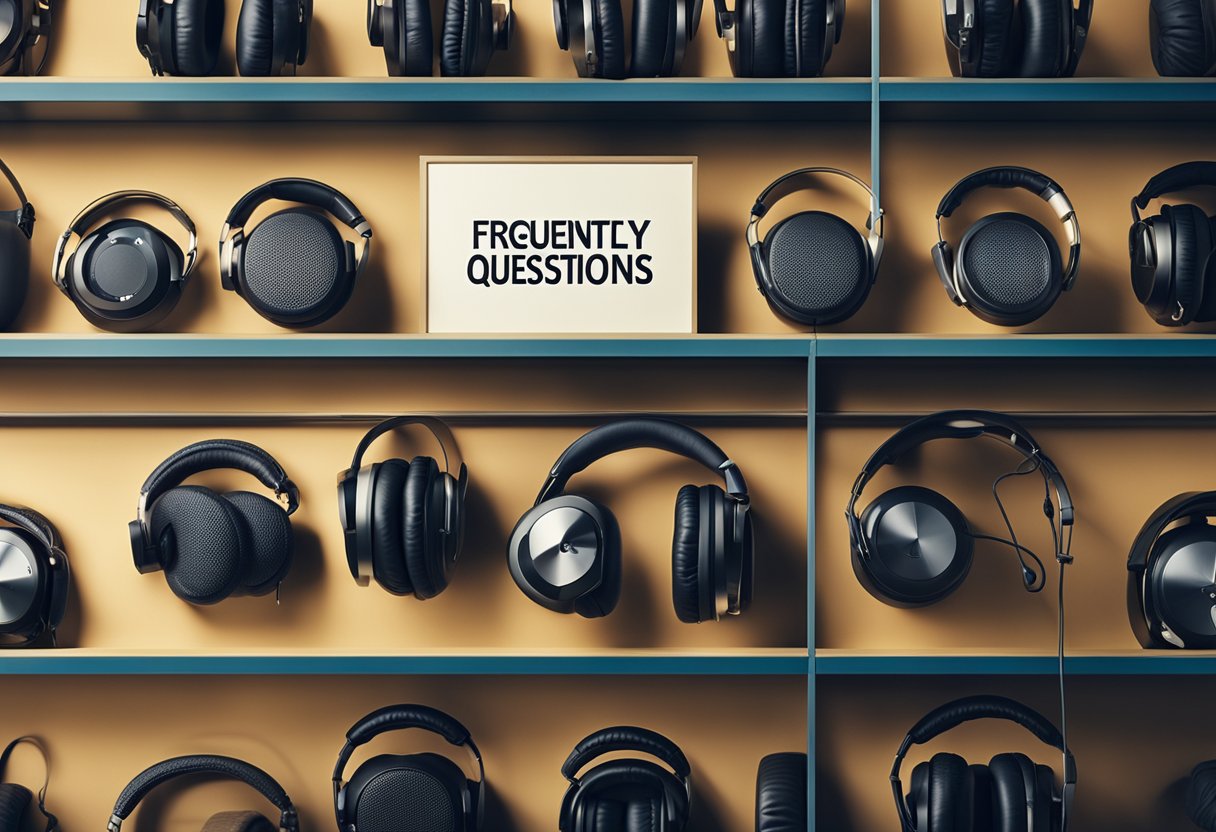 A variety of headphones displayed on shelves with a "Frequently Asked Questions" sign above