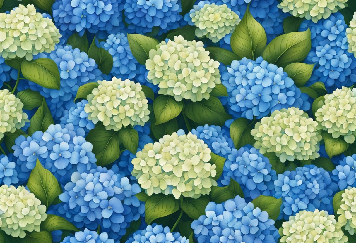 A field of blue hydrangeas in full bloom, with their large, vibrant petals creating a stunning sea of blue