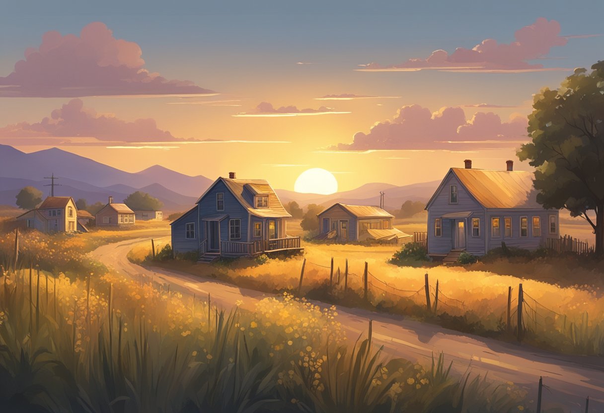 A small, dusty town in rural America. A row of ramshackle houses with overgrown gardens, surrounded by fields of wilting crops. The sun sets behind the distant mountains, casting a warm, golden light over the scene