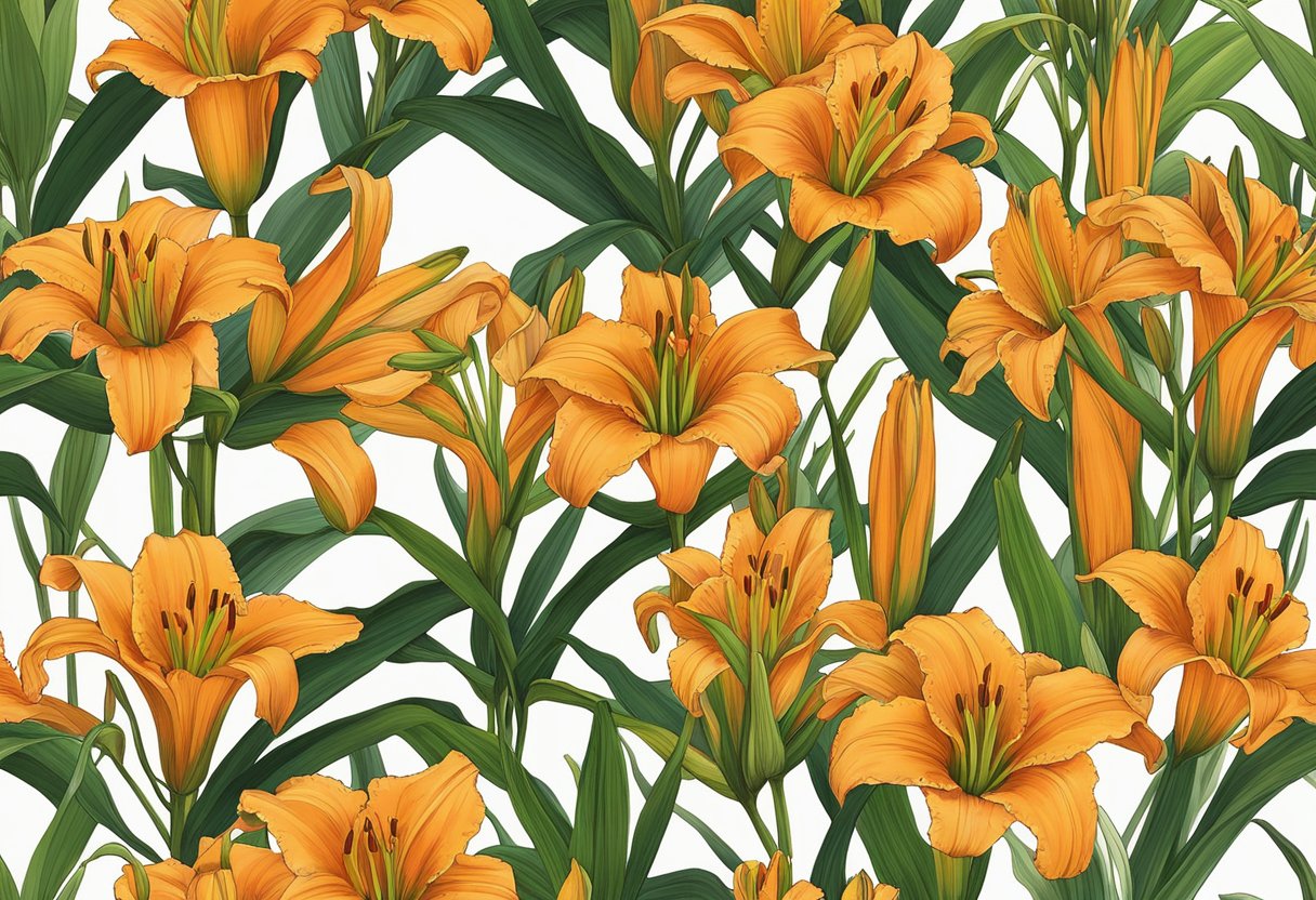 The daylilies are a vibrant shade of orange, with long green stems and lush, dark green leaves