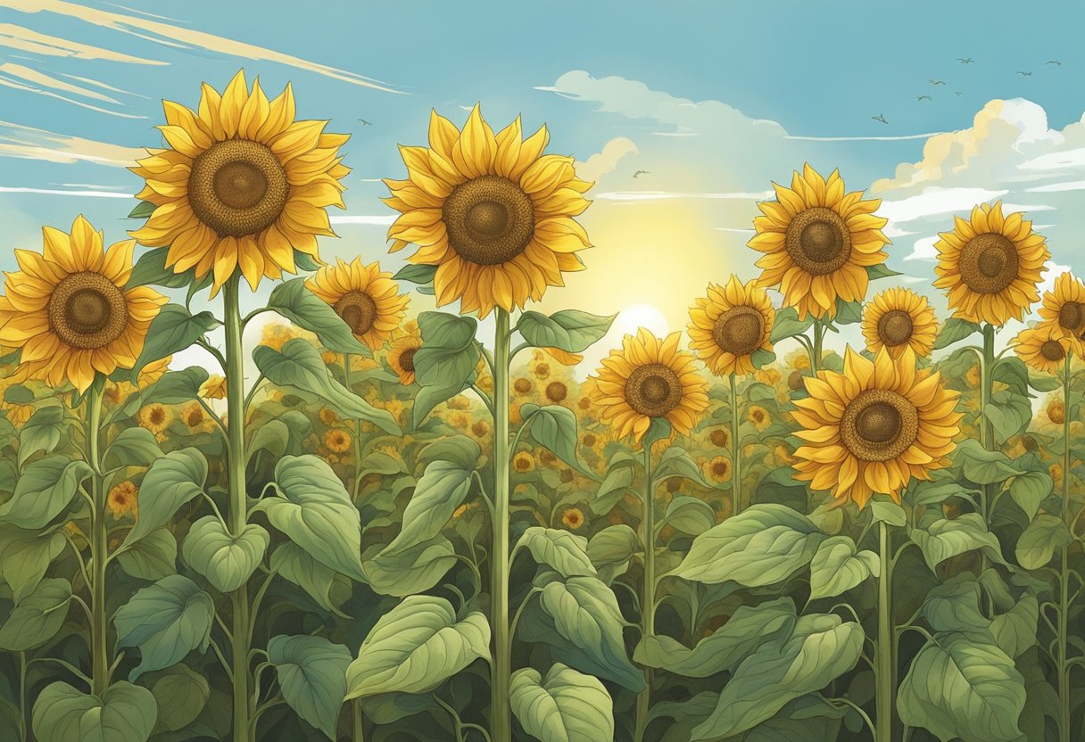 Sunflowers are planted in a sunny, open area with well-drained soil in late spring after the last frost. The seeds are sown directly into the ground at a depth of 1-2 inches