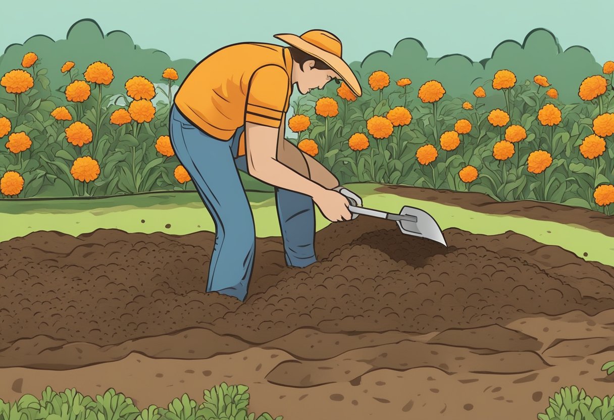 A sunny garden with a gardener planting marigold seeds in freshly tilled soil, using a small trowel to make small holes for each seed