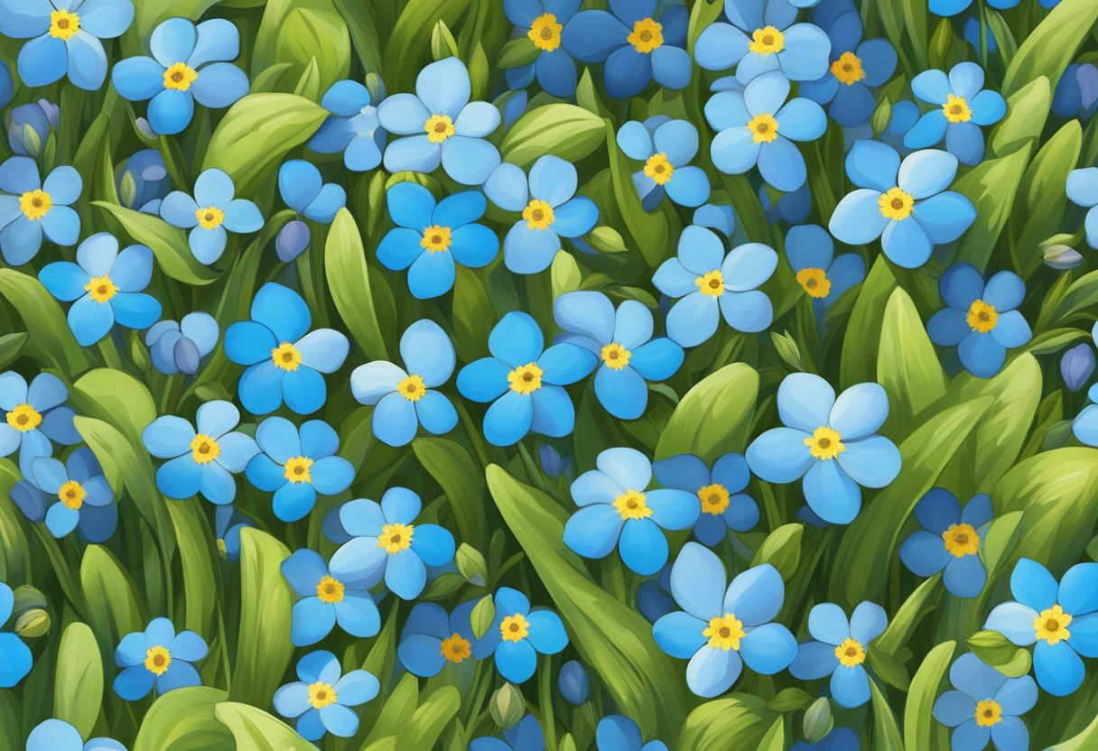 Forget-me-nots bloom in early spring, their tiny blue flowers covering the ground like a soft, colorful carpet
