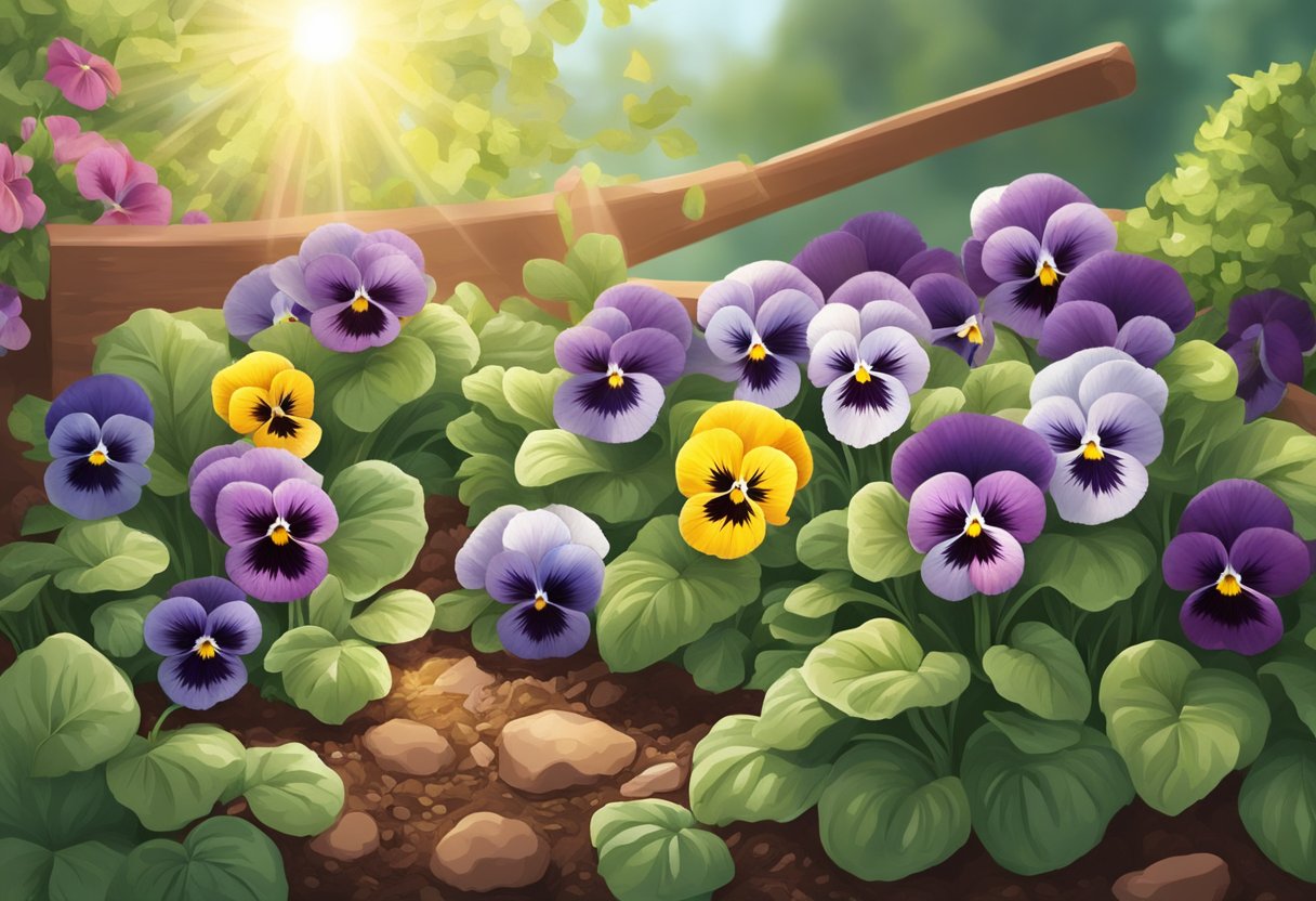 Pansies being planted in a garden bed with rich, moist soil and gentle sunlight filtering through the leaves