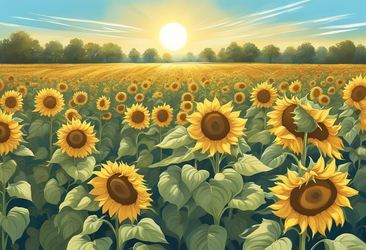 Sunflowers planted in Ohio soil under a clear blue sky, with the sun shining brightly and the gentle breeze blowing through the fields