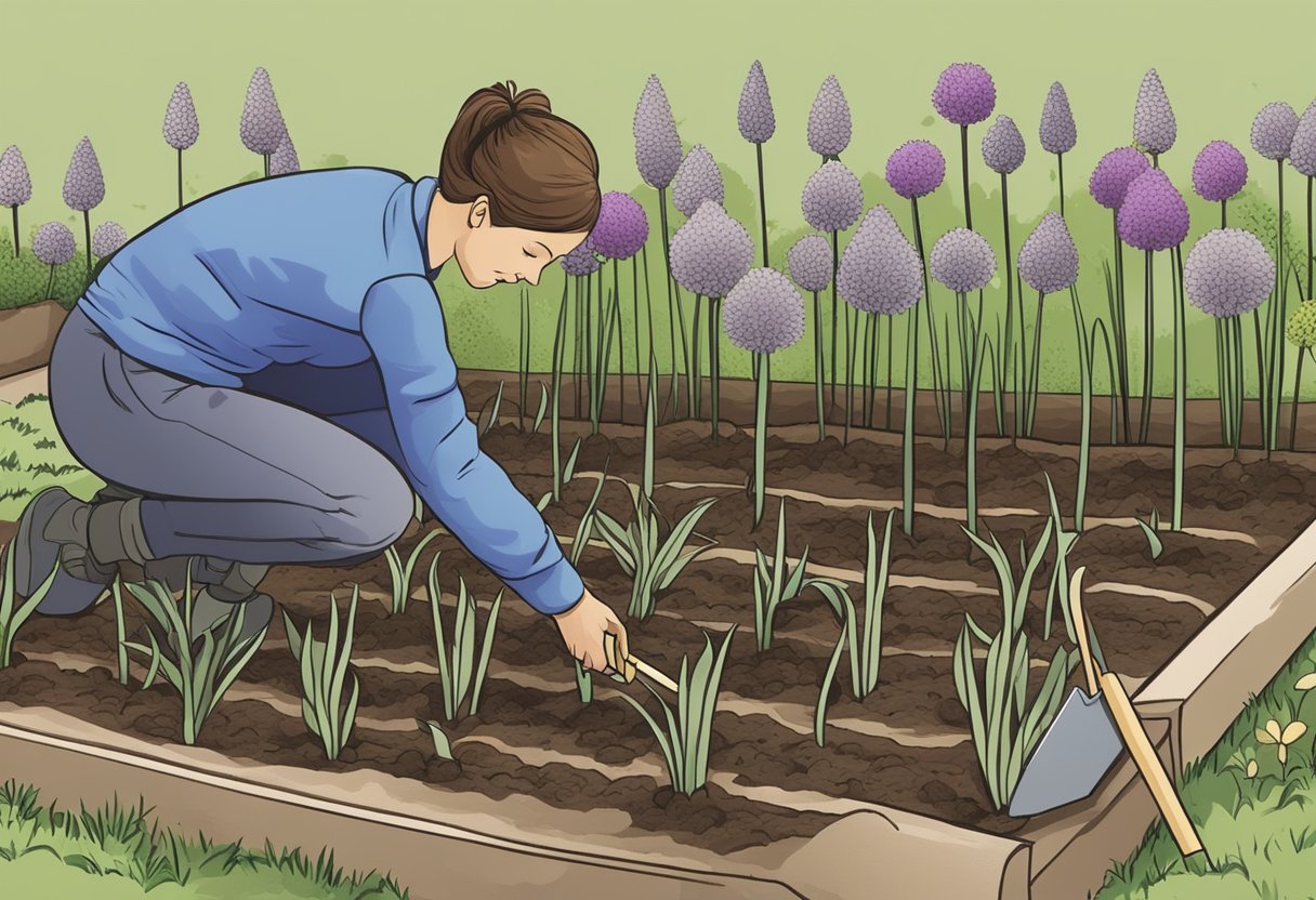Allium bulbs are being planted in a garden bed, with a person using a trowel to dig small holes and carefully placing the bulbs inside before covering them with soil