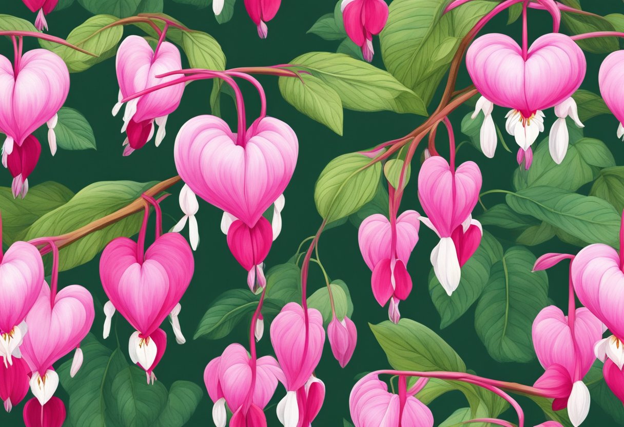 Bleeding hearts bloom in a peaceful garden, surrounded by lush greenery and dappled sunlight. The delicate, heart-shaped flowers hang gracefully from slender stems, their vibrant pink color standing out against the serene backdrop