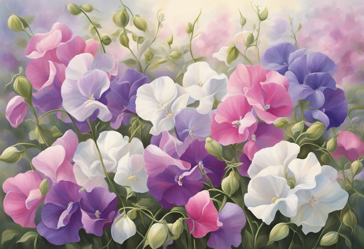 Sweet peas bloom in spring, covering the garden with vibrant hues of pink, purple, and white. The delicate flowers cascade from the vine, creating a beautiful and fragrant display