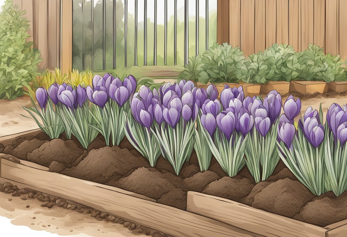 Crocus bulbs are being planted in a garden bed, with the soil being carefully prepared and the bulbs being placed at the correct depth and spacing
