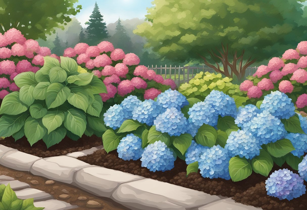 Hydrangeas being planted in a garden bed with rich soil, surrounded by mulch, and receiving gentle watering