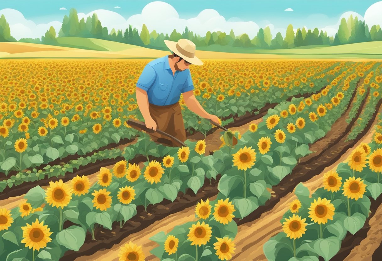 Sunflowers are being planted in a sunny field, with rich soil and clear skies. The gardener carefully places the seeds in neat rows, ensuring they have enough space to grow