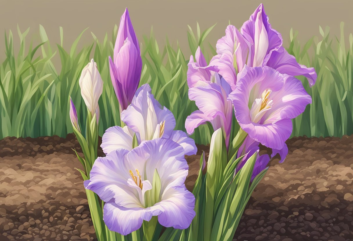 Gladiola bulbs are planted in the spring, in well-drained soil with full sunlight. Dig a hole, place the bulb with the pointed end up, and cover with soil. Water thoroughly