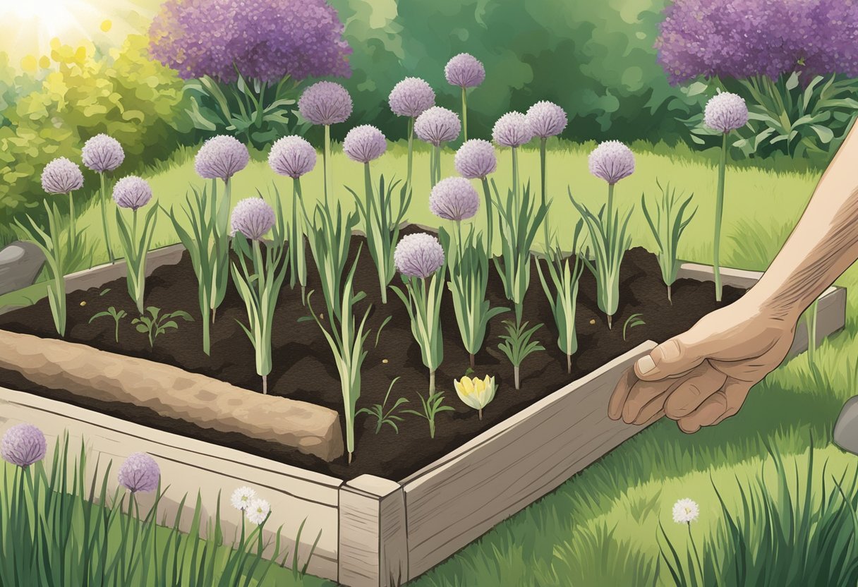Allium bulbs are being planted in a garden bed, with the soil being gently tamped down around each bulb. The sun is shining, and a gardener is carefully placing each bulb in the ground at the proper depth
