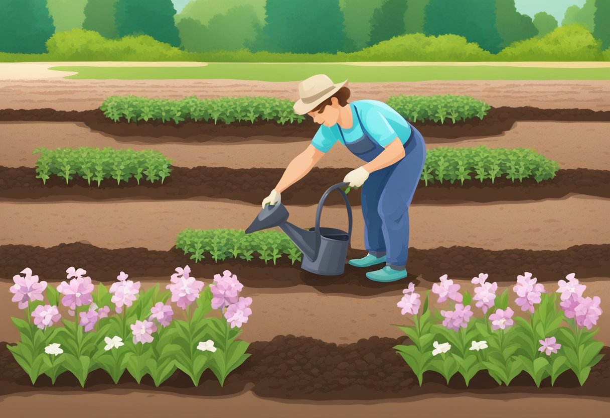 A sunny garden with fertile soil, a gardener planting phlox seedlings in rows, a watering can nearby