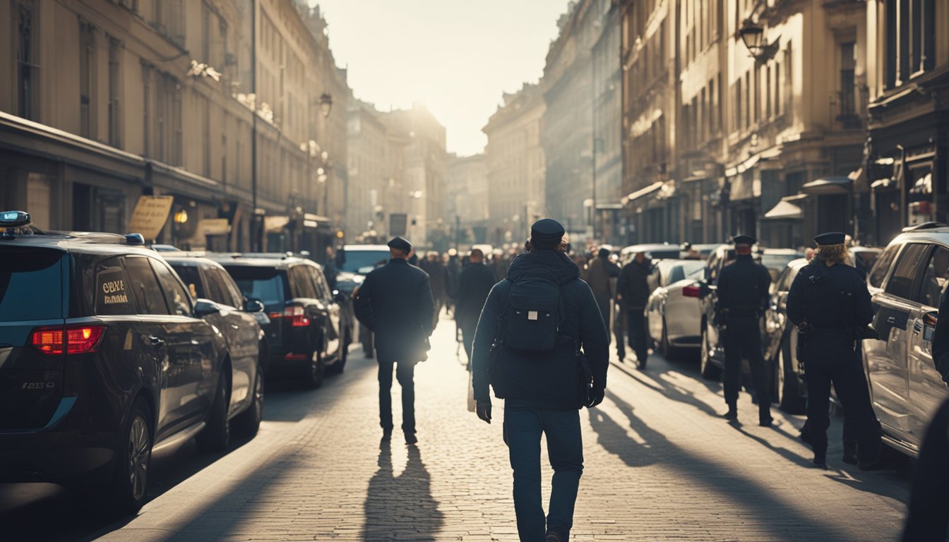 A tourist walks through well-lit streets with visible police presence, while signs warn against pickpocketing and advise caution in crowded areas