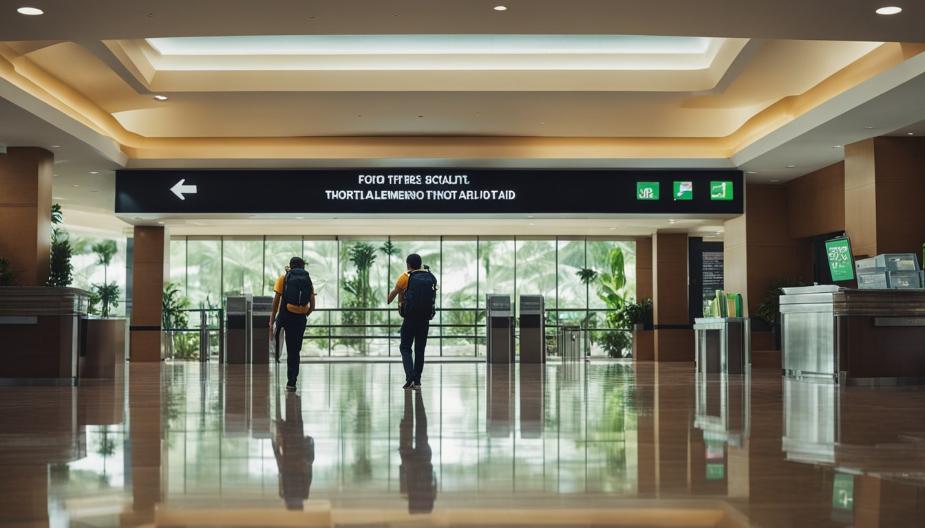 Tourist in Costa Rica follows safety signs, checks emergency exits, and locates first aid kits in hotel lobby