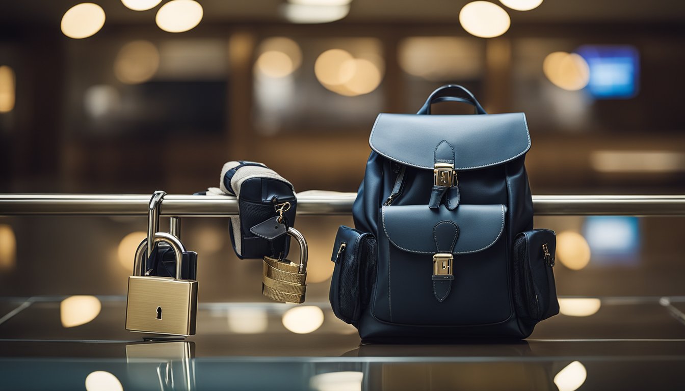 A backpack with a padlock attached, a money belt worn under clothing, and a secure hotel safe