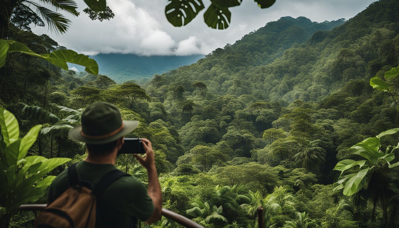 A tourist in Costa Rica uses social media to gather safety insights from the local community. The lush rainforest and vibrant wildlife provide a picturesque backdrop