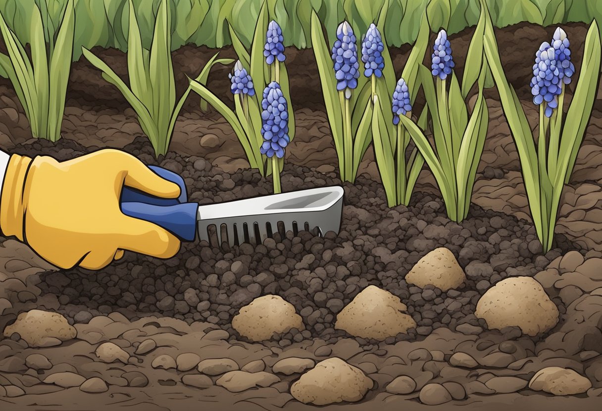 Grape hyacinth bulbs being planted in moist, well-drained soil in early fall with a trowel