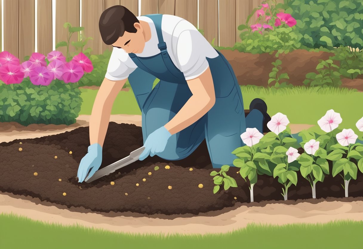 A sunny garden with a person planting petunias in a flower bed, using a trowel to dig small holes and carefully placing the seedlings in the soil