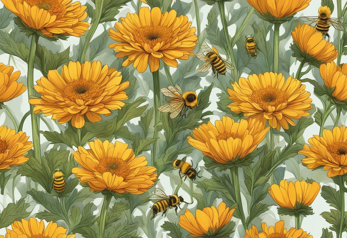 Bright sunlight illuminates a field of vibrant calendula flowers, their petals fully open and ready for harvest. Bees buzz around the blossoms, collecting nectar as the flowers sway gently in the breeze