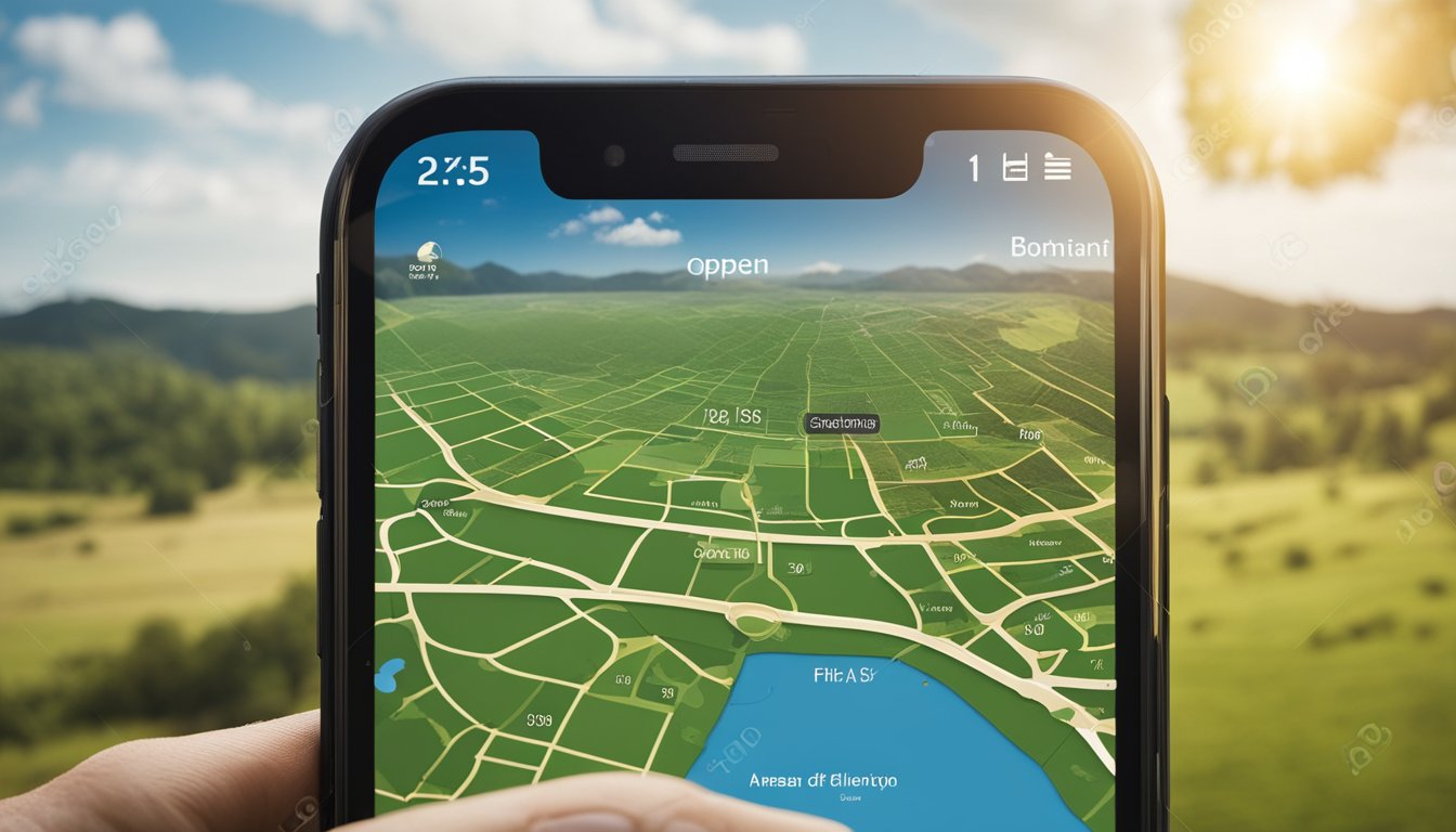 A smartphone with a measurement app open, showing a 3D map of a piece of land with various tools for measuring distance, area, and elevation