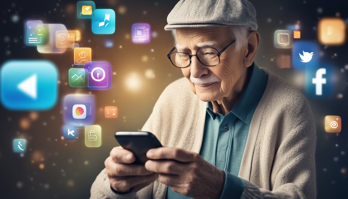 An elderly person using a smartphone with aging apps, surrounded by various app icons and digital effects