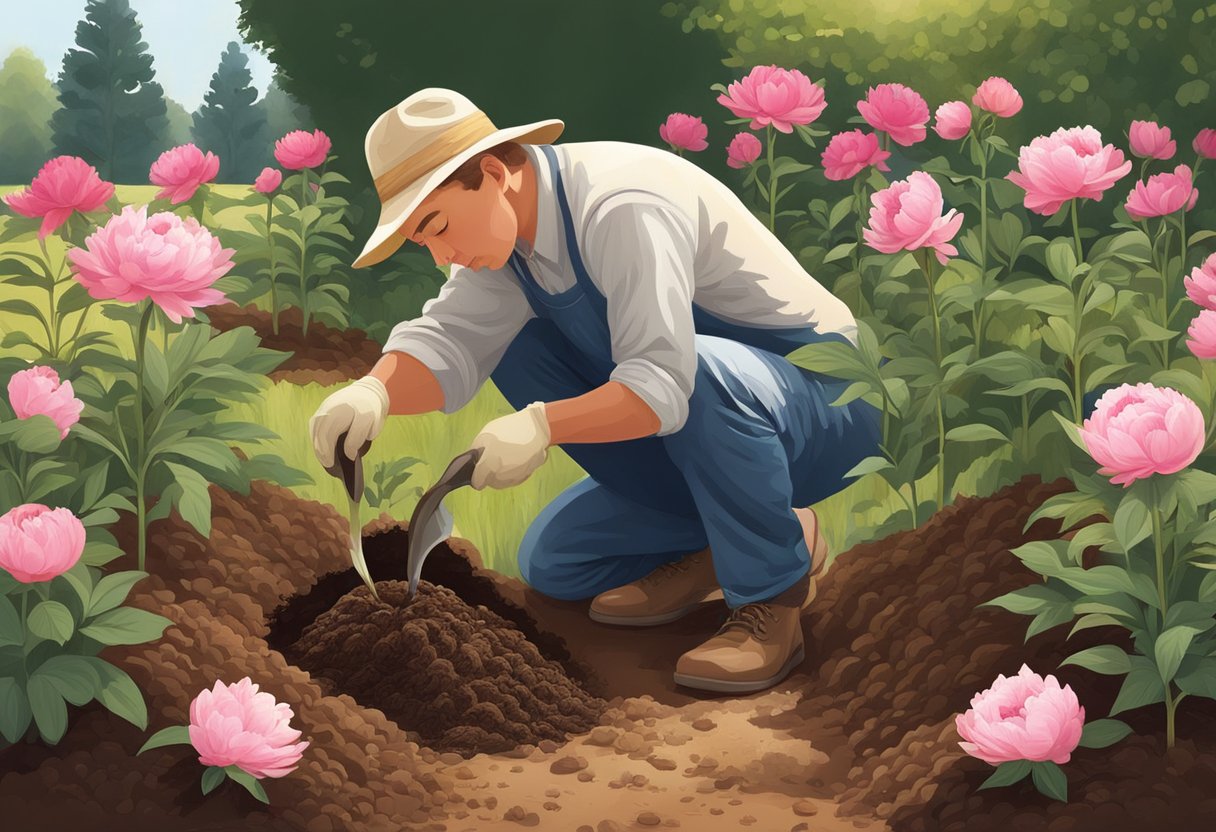 A gardener digs a hole in the rich soil, carefully placing a peony plant inside and covering the roots with dirt. The sun shines overhead, providing warmth and nourishment for the newly planted flowers