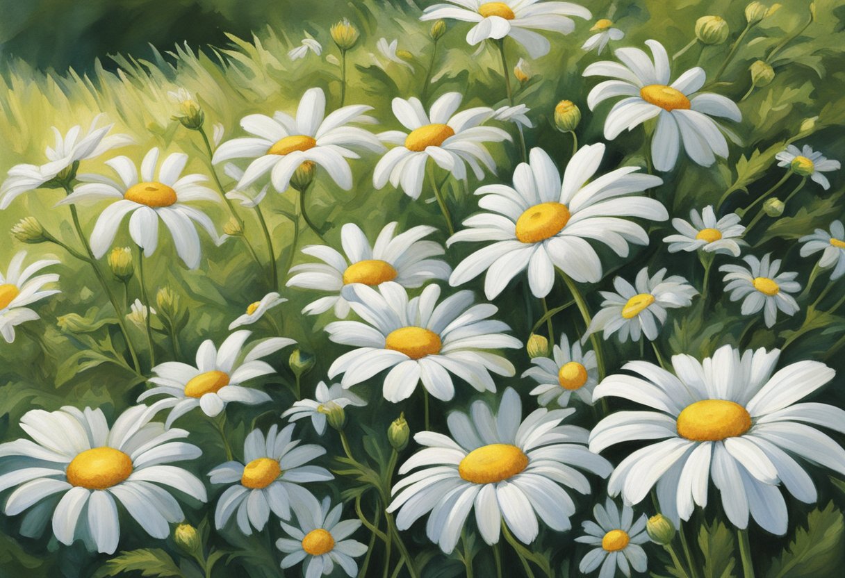 Montauk daisies bloom in late summer, their delicate white petals opening up to the warm sunshine, surrounded by lush green foliage