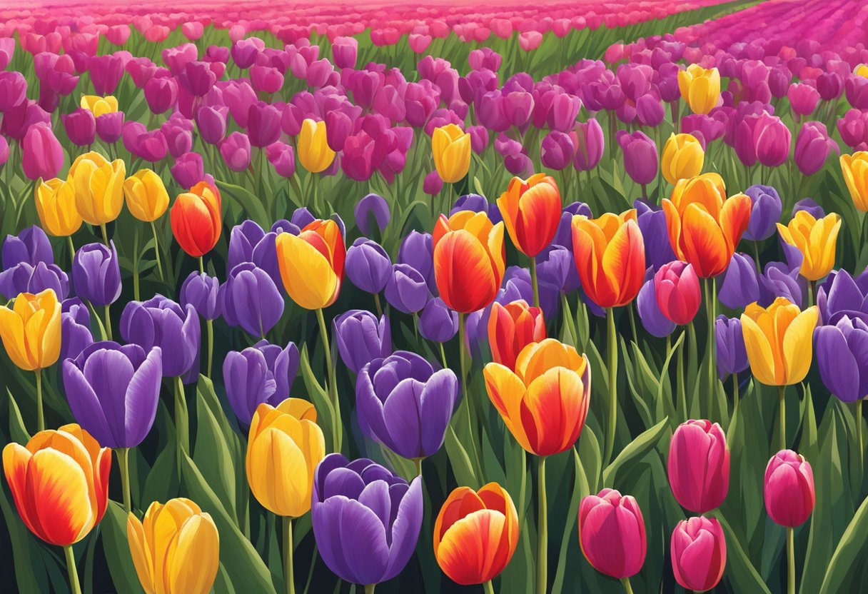 Tulips bloom in Massachusetts in late April to early May. The colorful flowers cover the fields in a vibrant display of red, yellow, pink, and purple