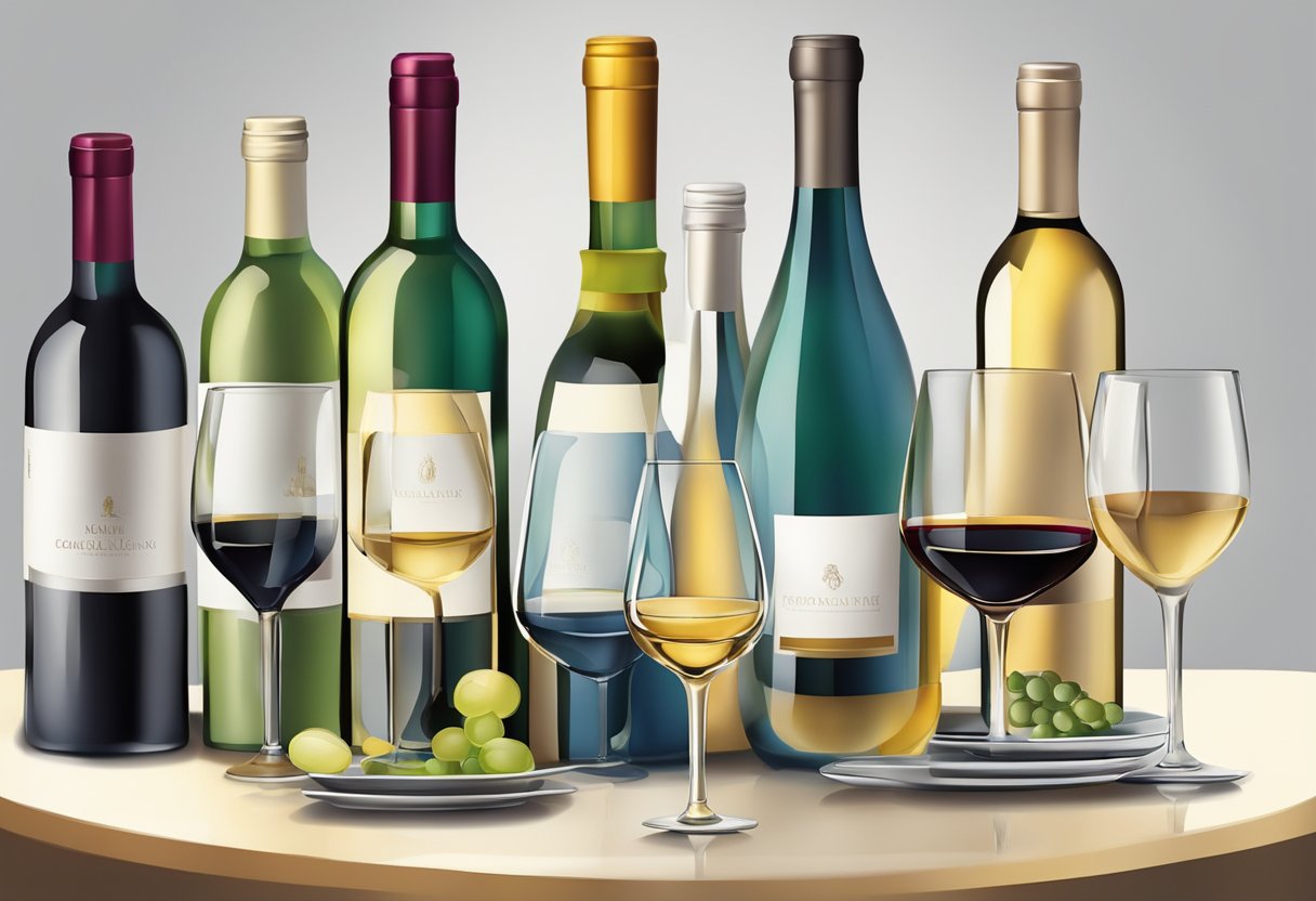 A table set with various wine glasses in different styles and sizes, surrounded by bottles of wine