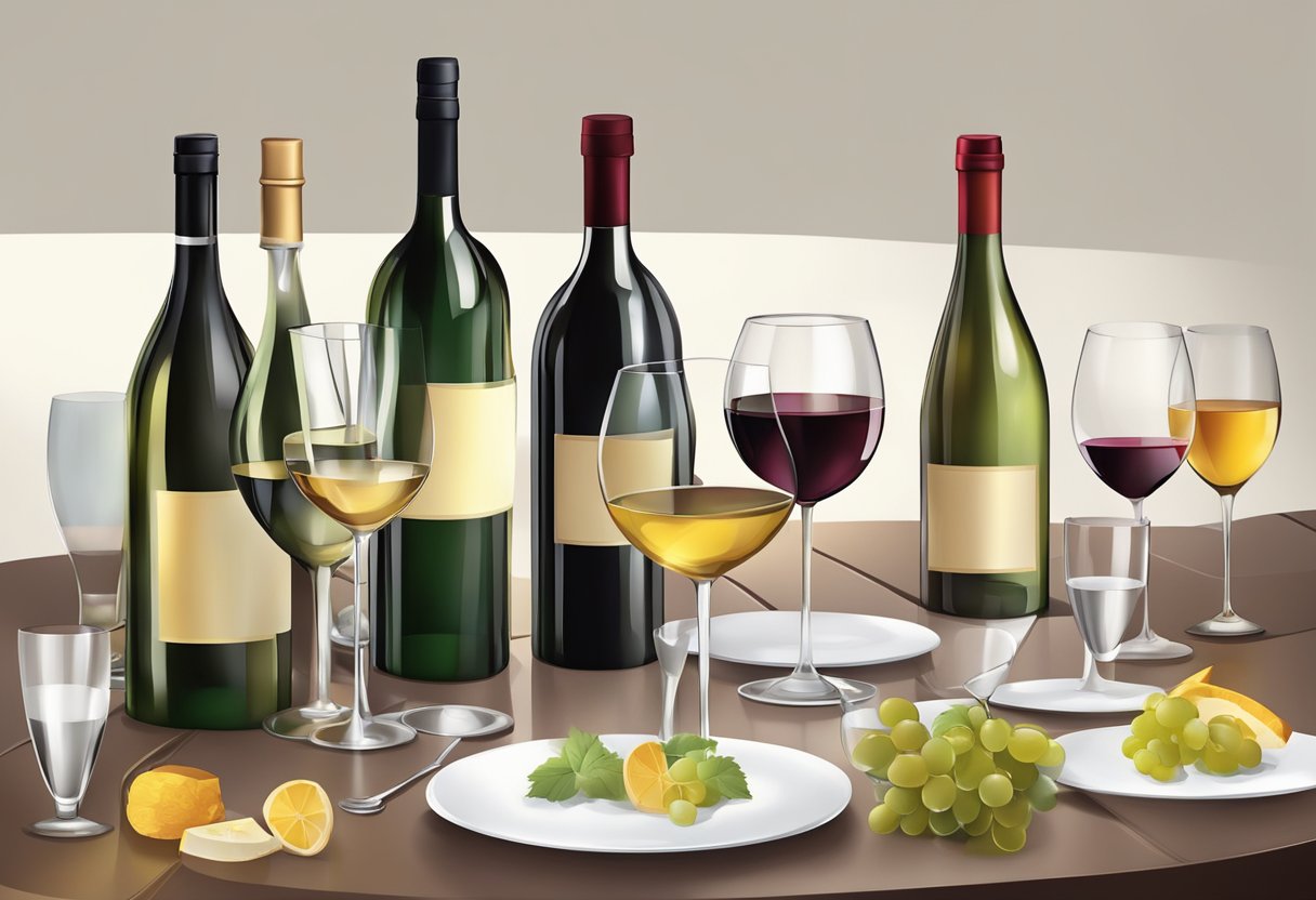 A table set with various wine glasses of different shapes and sizes, with a variety of wine bottles nearby