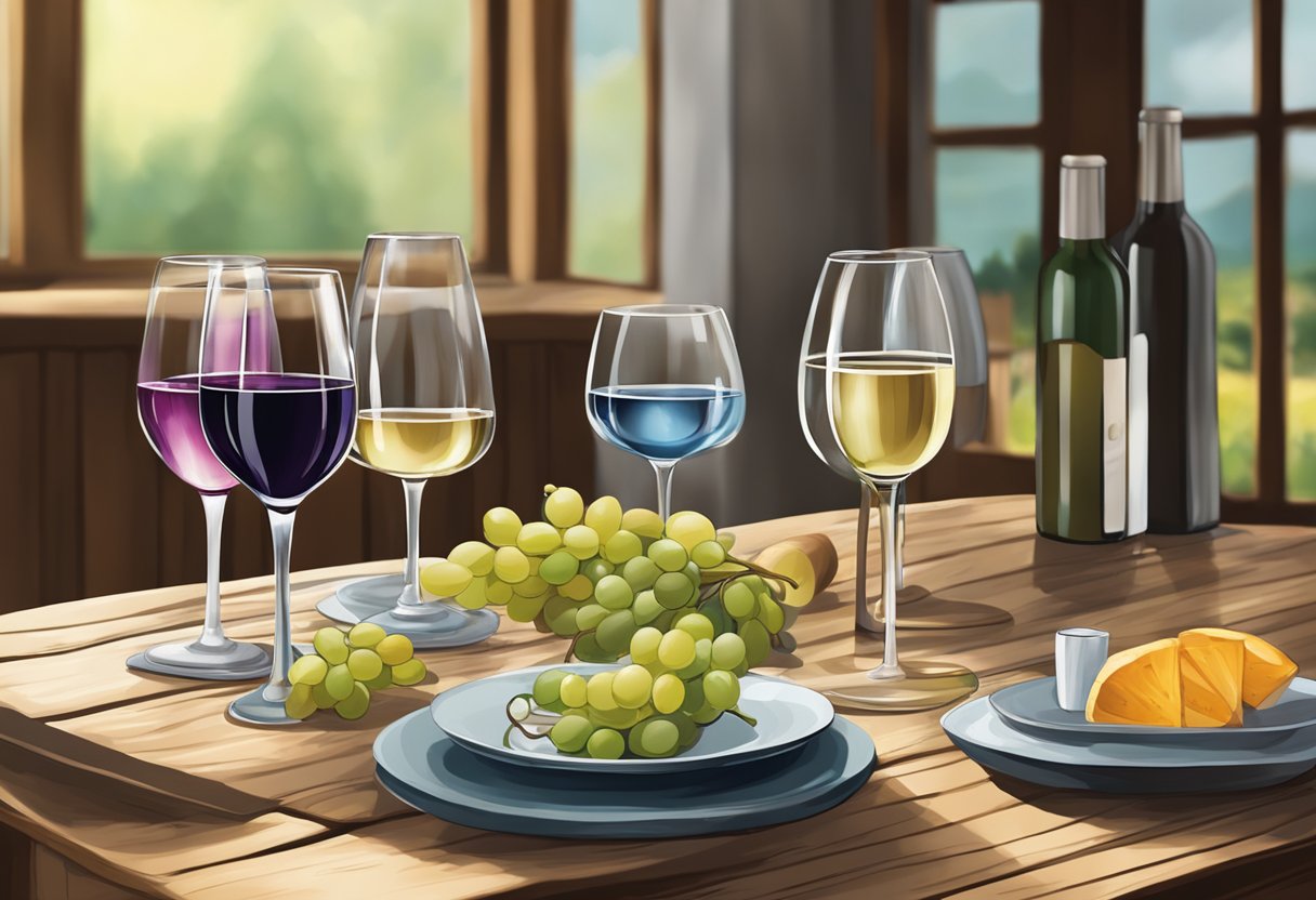 A cozy home setting with various wine glasses displayed on a rustic wooden table, showcasing different styles and sizes to suit different tastes and budgets