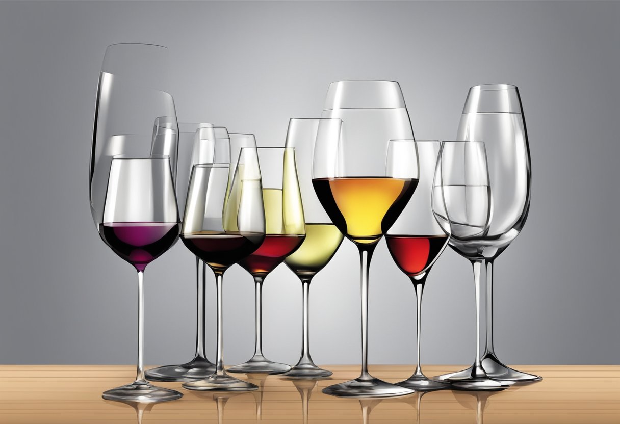 Various wine glasses displayed on a table, ranging in style and size. Some are elegant and delicate, while others are more sturdy and practical. All are arranged neatly and ready for use
