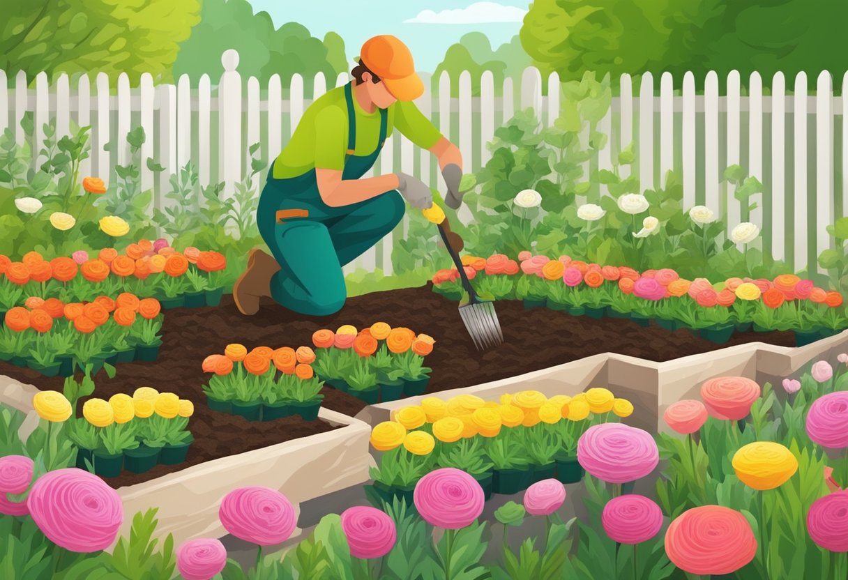 A sunny garden with a gardener planting ranunculus bulbs in well-drained soil in Zone 9. Bright colors and green foliage surround the planting area