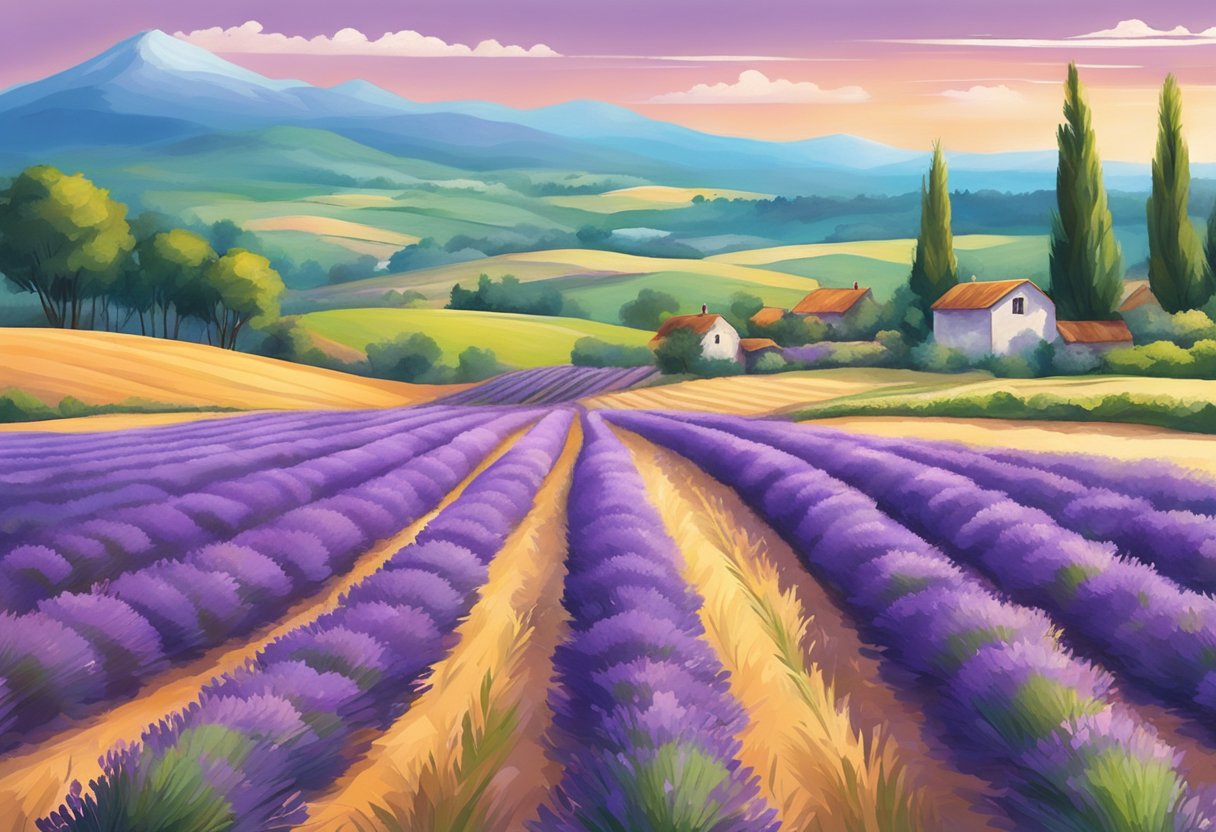 Lavender fields in full bloom, vibrant purple flowers sway in the gentle breeze, signaling the perfect time for harvest