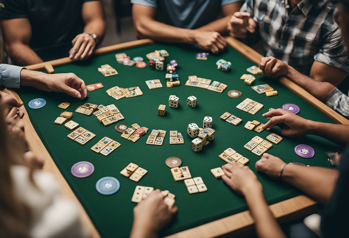 A group of friends gather around a table covered in board games, dice, and miniatures. Laughter and excitement fill the room as they strategize and roll dice