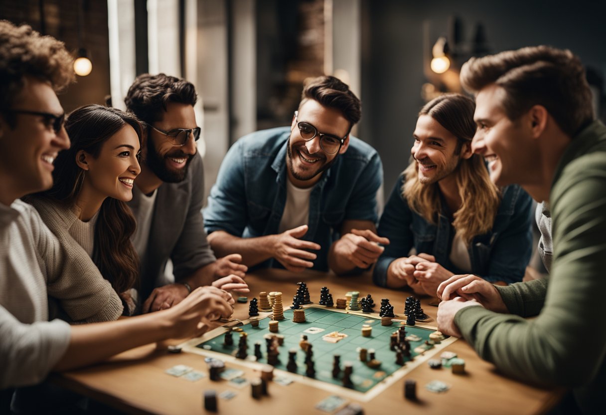 A group of people gather around a table, engrossed in playing various tabletop games. Board games, cards, and dice are scattered across the table, while laughter and friendly banter fill the air