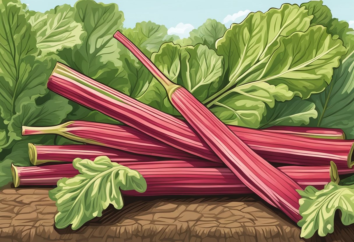 Rhubarb is picked in early spring. The vibrant red stalks stand out against the green leaves, ready to be harvested for use in pies and jams