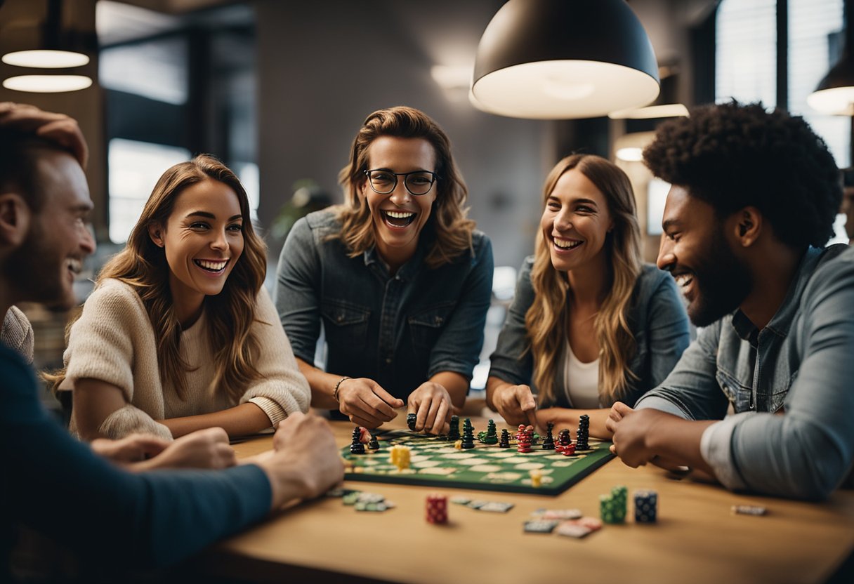 A group of friends gather around a table, laughing and strategizing as they play various tabletop games. The room is filled with excitement and friendly competition, with game pieces and cards spread out across the table