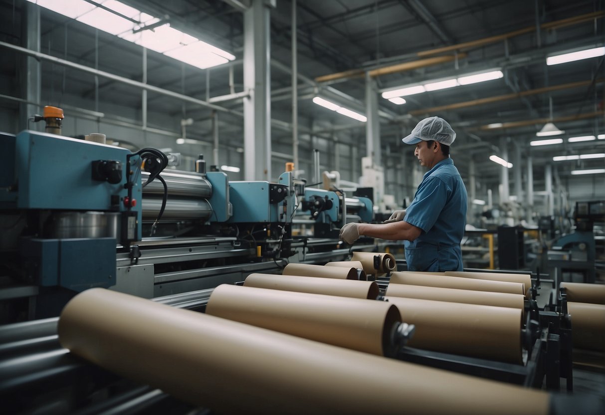 A factory with machines producing eco-friendly paper tubes. Workers are using innovative techniques to design, cut, and assemble the packaging. Raw materials are being sourced sustainably