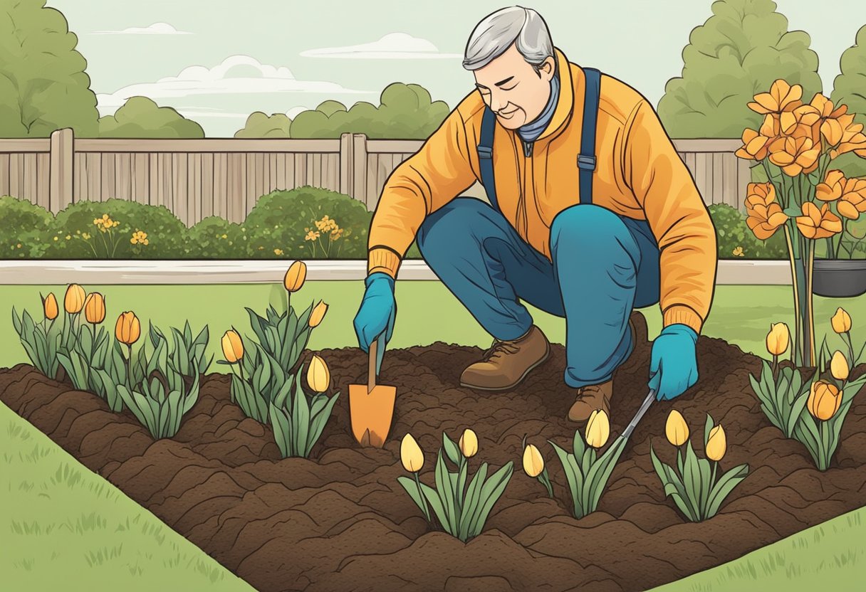 A sunny garden with a person planting tulip bulbs in rich, well-drained soil in late fall. The person uses a trowel to dig holes and carefully places the bulbs at the recommended depth