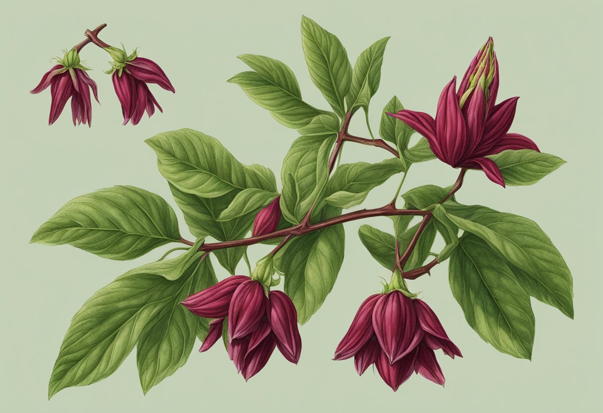 Ripe roselle calyxes hang from the plant, deep red in color, with petals beginning to curl outward. The leaves are green and healthy, and the stems are sturdy