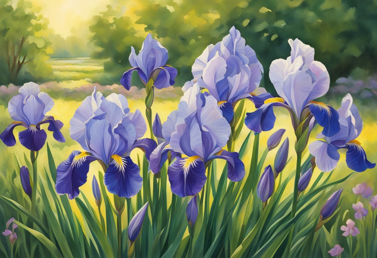 Texas irises bloom in late spring, with vibrant colors and delicate petals. The sun shines down on the lush green foliage, creating a picturesque scene of natural beauty