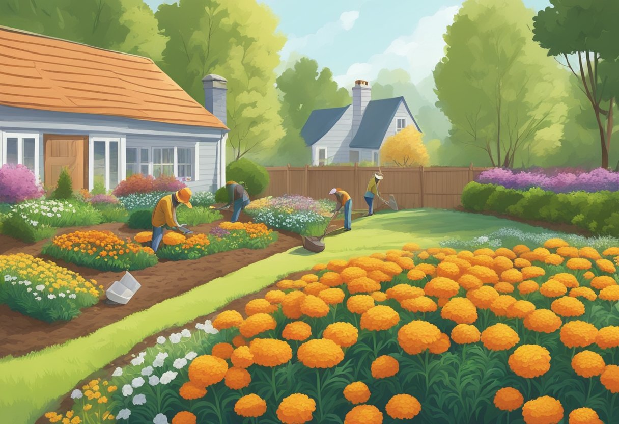 A sunny garden in Georgia, with rich soil and a gardener planting marigold seeds in early spring