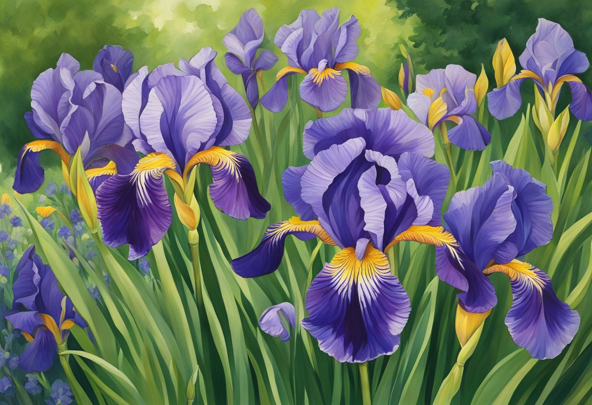 Irises bloom in Texas in late spring, their vibrant petals unfurling under the warm sun, surrounded by lush green foliage